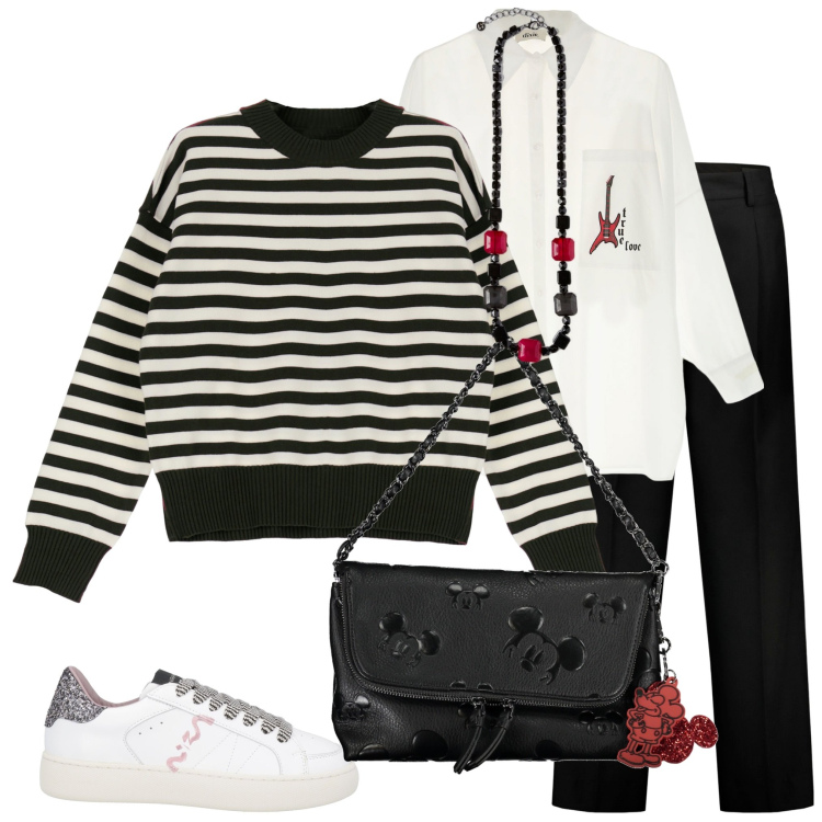Outfit donna - Caffè con le amiche. Stile Casual per Tutti i giorni. Abbinamento con sneakers, pullovers, camicie, pantaloni, borse a spalla, collane.