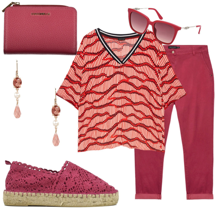 Outfit donna - Casual. Stile Casual per Tutti i giorni. Abbinamento con orecchini, espadrillas, pantaloni, bluse, portafogli, occhiali da sole.