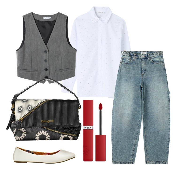 Outfit donna - Ghost outfitter - marzo. Stile Mannish per Ufficio. Abbinamento con ballerine, rossetti, jeans, camicie, gilet, borse a spalla.