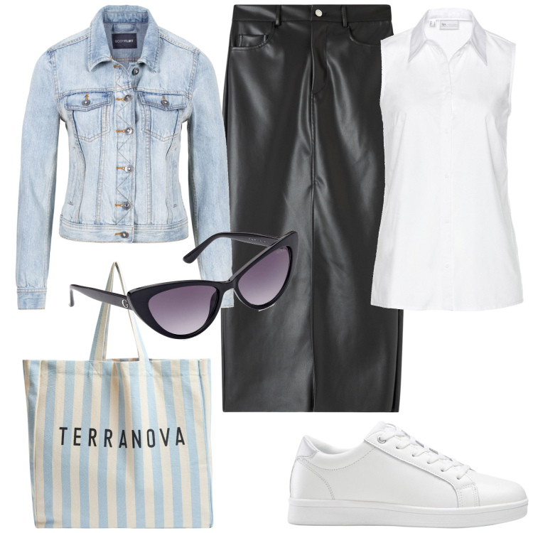 Outfit donna - In città. Stile Casual chic per Tutti i giorni. Abbinamento con sneakers, camicie, giacche sportive, gonne lunghe, borse tote, occhiali da sole.