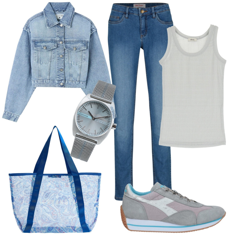 Outfit donna - Sporty chic. Stile Sporty chic per Tutti i giorni. Abbinamento con jeans skinny, sneakers, orologi, shopping bag, blazer, top.