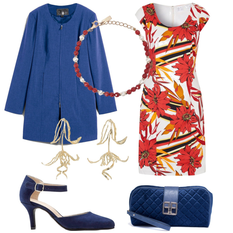 Outfit donna - Cerimonia curvy. Stile Glamour per Cerimonia. Abbinamento con décolleté, vestiti a tubino, blazer, braccialetti, pochette, orecchini.