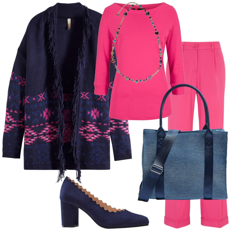 Outfit donna - Fucsia.... Stile Casual per Tutti i giorni. Abbinamento con maglieria, pantaloni, cardigans, décolleté, shopping bag, collane.
