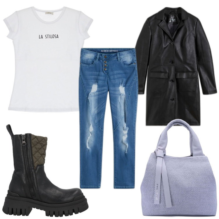 Outfit donna - Total look #1842650. Stile Trendy per Tutti i giorni. Abbinamento con jeans boyfriend, blazer, stivaletti, t-shirt, borse a mano.