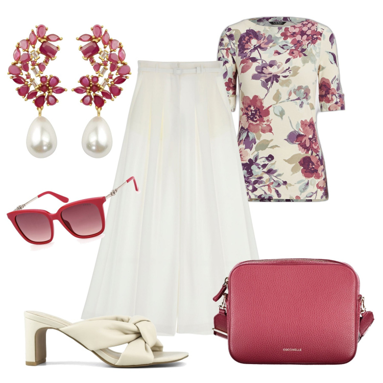 Outfit donna - Domenica di sole. Stile Glamour per Tutti i giorni. Abbinamento con orecchini, pantaloni a palazzo, maglieria, sandali col tacco, borse a tracolla, occhiali da sole.