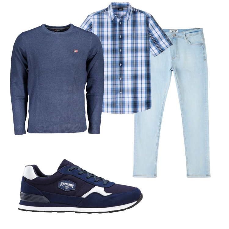 Outfit uomo - Total look #1842658. Stile Casual per Tutti i giorni. Abbinamento con sneakers, camicie a manica corta, jeans skinny, maglieria.