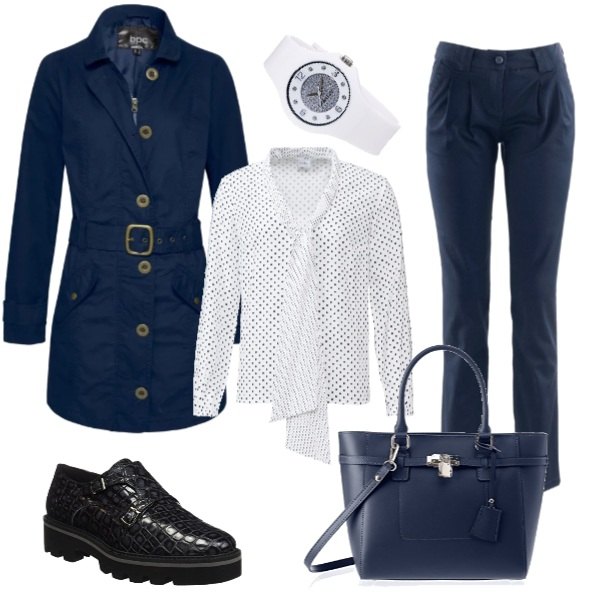 Outfit donna - Urban #7999. Stile Urban per Tutti i giorni. Abbinamento con pantaloni chino, blusa con fiocco a pois con scollo bianco, trench con zip e tasche, shopping bag blu, scarpe con fibbia blu, orologio bianco.