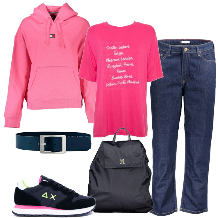 Outfit donna - Tempo libero spensierato. Stile Sporty chic per Tutti i giorni. Abbinamento con cinture, sneakers, jeans dritti, zaini, felpe con cappuccio, t-shirt.