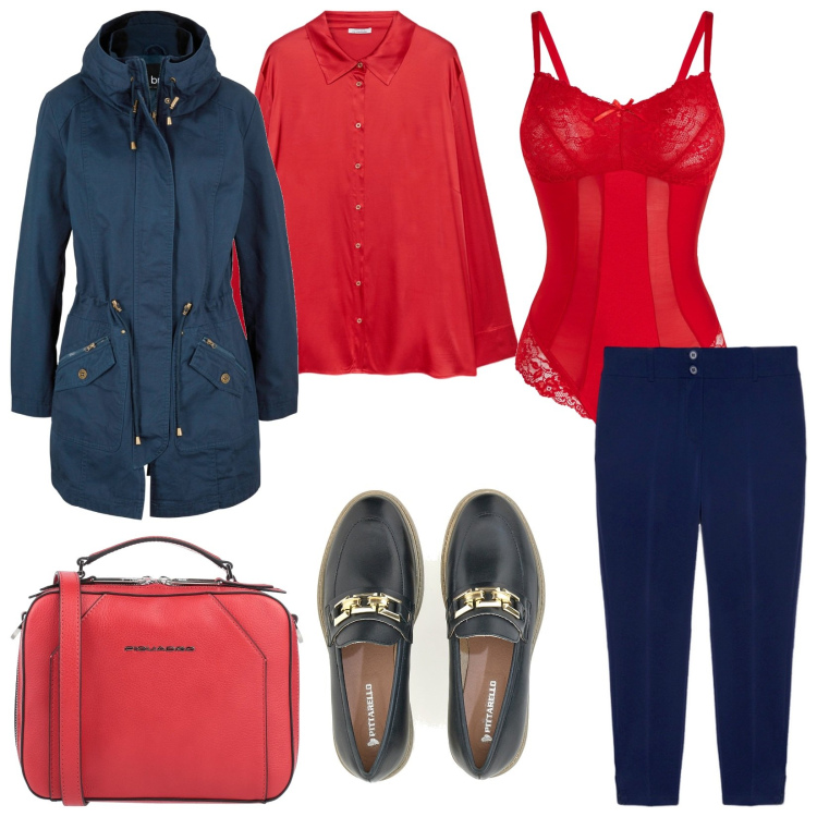 Outfit donna - Rosso e blu, binomio sempre attuale. Stile Urban per Tutti i giorni. Abbinamento con parka, body, borse a tracolla, camicie, mocassini, pantaloni.