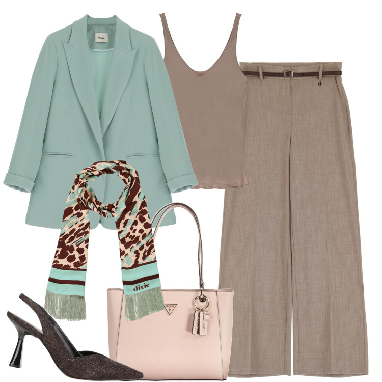 Outfit donna - Eleganza contemporanea. Stile Chic per Tutti i giorni. Abbinamento con décolleté, blazer, canottiere, sciarpe, pantaloni, borse a spalla.