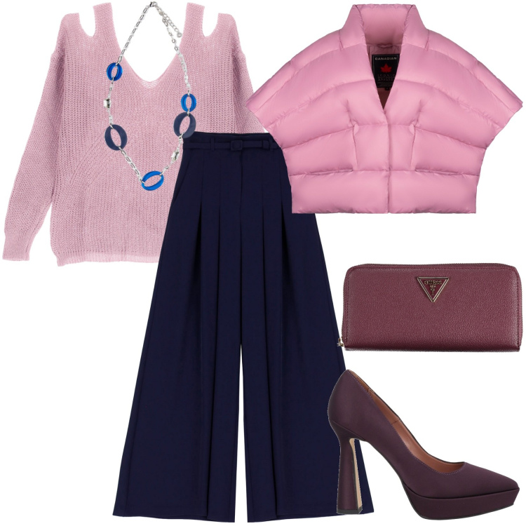 Outfit donna - Dai un twist ricercato al tuo outfit. Stile Trendy per Tutti i giorni. Abbinamento con décolleté, pullovers, pantaloni a palazzo, cappe, ciondoli, portafogli.