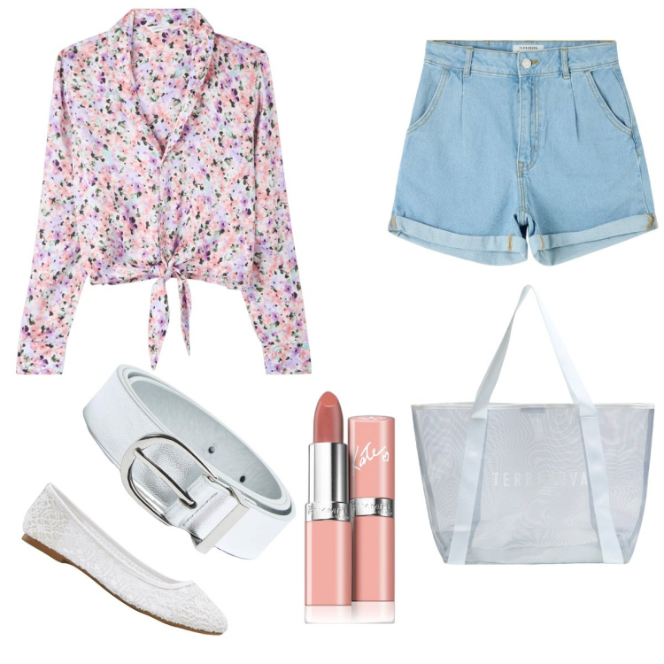 Outfit donna - Total look #1842703. Stile Casual chic per Tutti i giorni. Abbinamento con ballerine, rossetti, shorts, camicie, shopping bag, cinture.