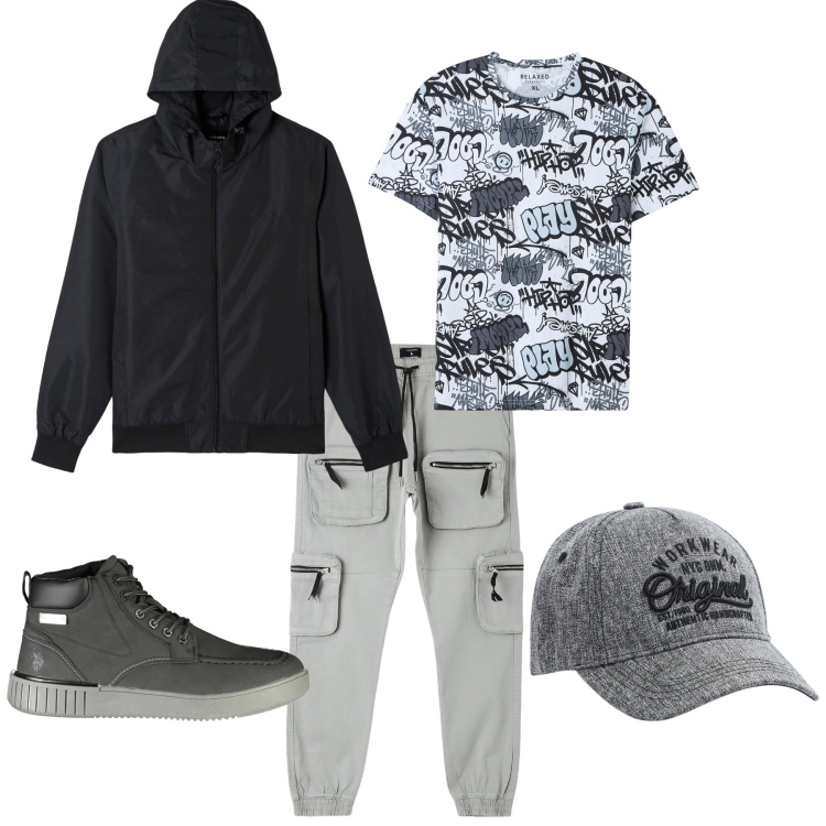 Outfit uomo - Casual week end fuori porta. Stile Casual per Tutti i giorni. Abbinamento con t-shirt, giacche, pantaloni cargo, cappelli, stivali.