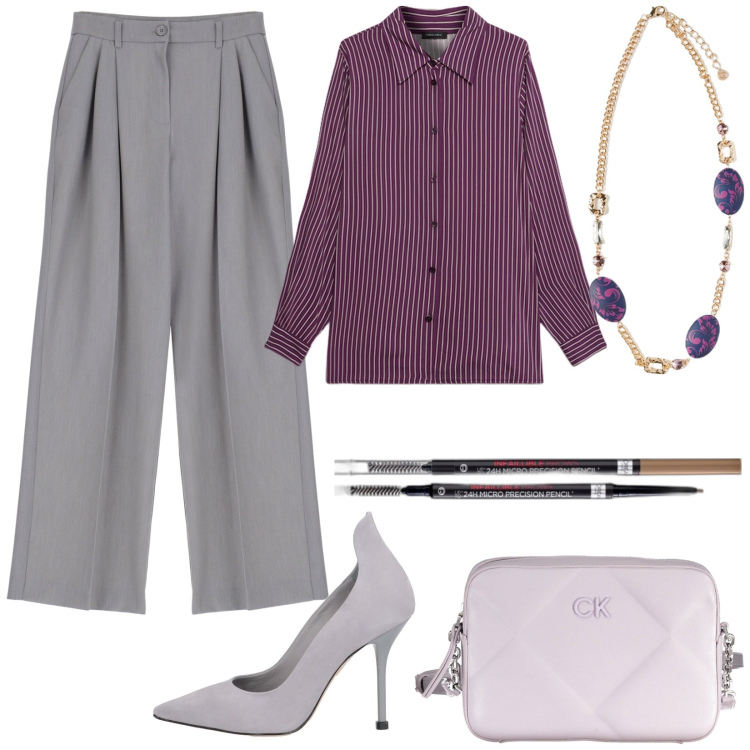 Outfit donna - Décolleté e camicia. Stile Bon Ton per Serata fuori. Abbinamento con décolleté, eyeliner, pantaloni, camicie, borse a tracolla, ciondoli.