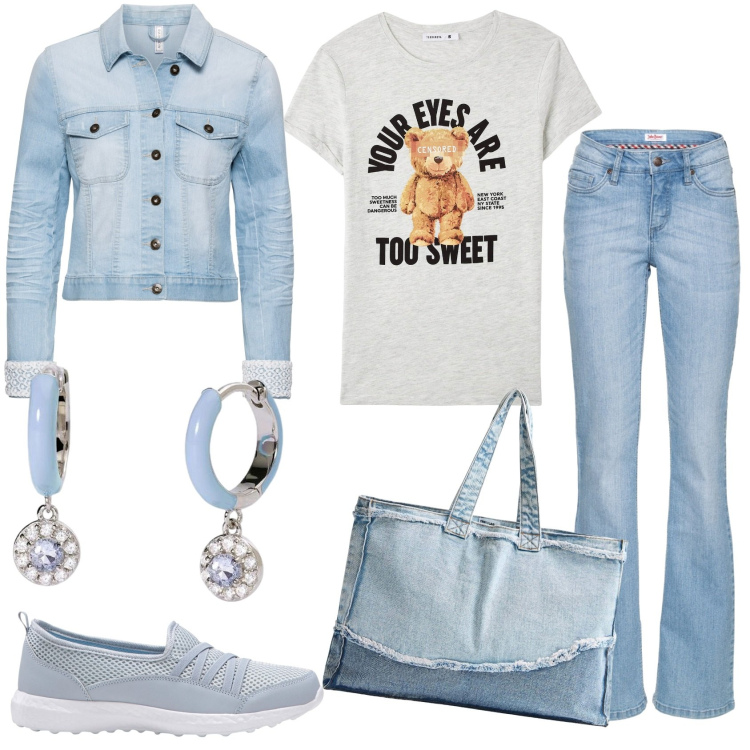 Outfit donna - Pronta per il viaggio. Stile Casual chic per Tutti i giorni. Abbinamento con jeans bootcut, sneakers, blazer, t-shirt, shopping bag, orecchini.