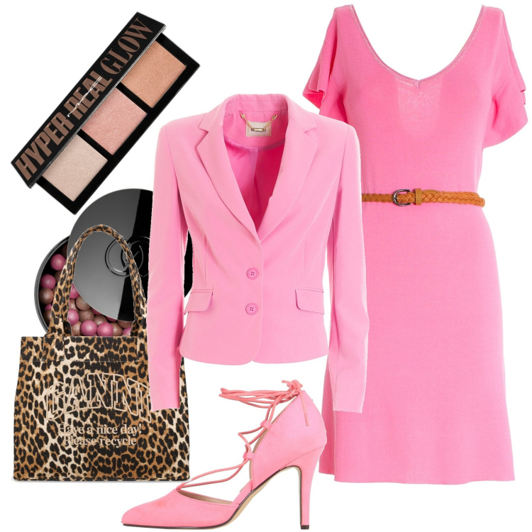 Outfit donna - Vestitino rosa con cintura marrone. Stile Chic per Ufficio. Abbinamento con décolleté, blush, terre, vestiti, blazer, shopping bag.