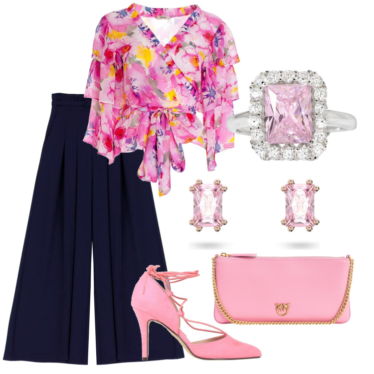 Outfit donna - Il pranzo con la amiche. Stile Bon Ton per Tutti i giorni. Abbinamento con orecchini, décolleté, anelli, borse a tracolla, pantaloni a palazzo, bluse.