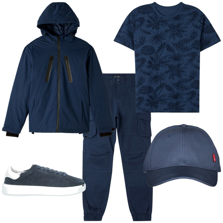 Outfit uomo - Week end al mare. Stile Casual per Mare. Abbinamento con sneakers, t-shirt, giacche, pantaloni cargo, cappelli con visiera.