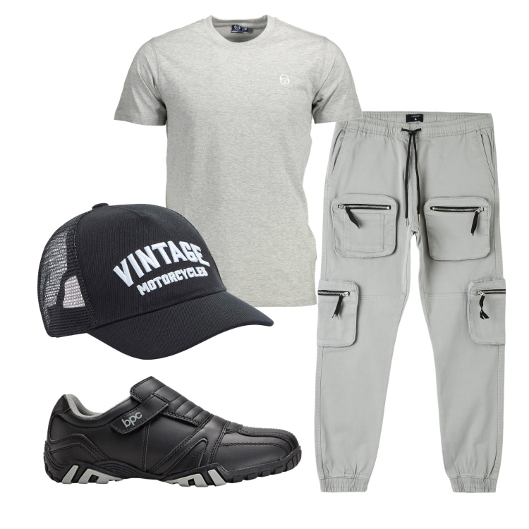 Outfit uomo - Total look #1842735. Stile Casual per Sport. Abbinamento con scarpe stringate, pantaloni cargo, cappelli, t-shirt.