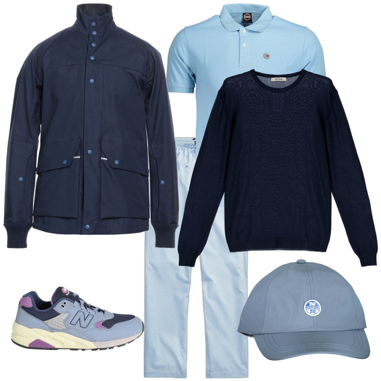 Outfit uomo - Week end al mare. Stile Casual per Mare. Abbinamento con cappotti, sneakers, pullovers, pantaloni, cappelli con visiera, polo.