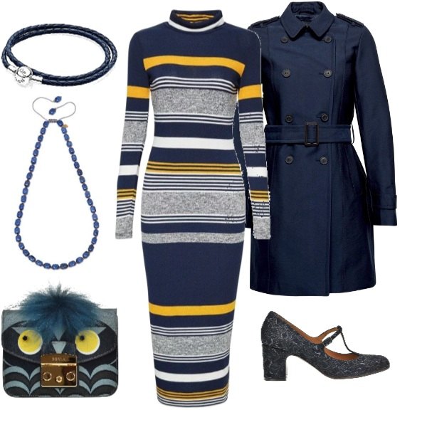 Outfit donna - Urban #7992. Stile Urban per Tutti i giorni. Abbinamento con vestito multicolore e navy, giubbotto navy, pelliccia mini con tracolla regolabile oro, scarpe, braccialetti, collana in ottone rosa.