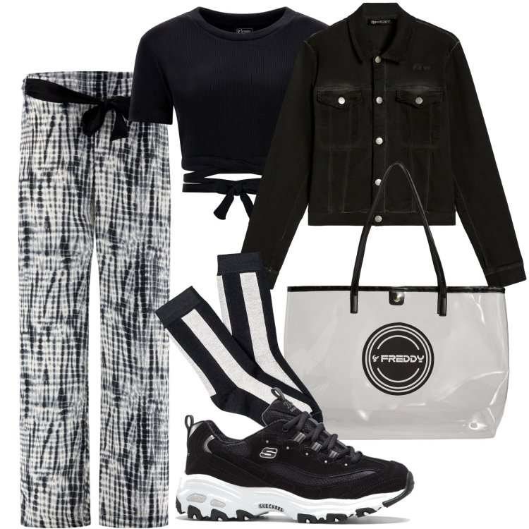 Outfit donna - Freddy. Stile Basic per Sport. Abbinamento con scarpe sportive, shopping bag, pantaloni, top, blazer, collant.