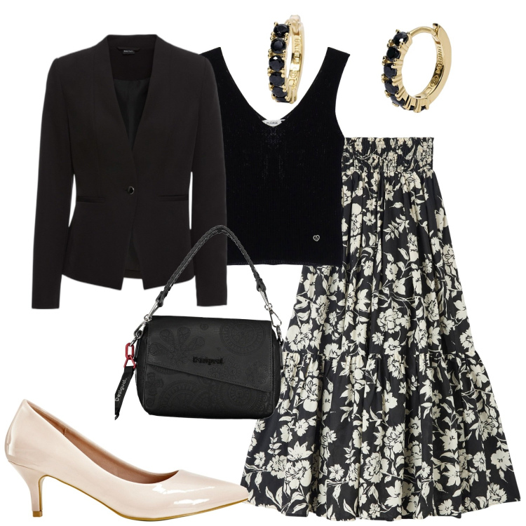 Outfit donna - Gonna nera fantasia. Stile Urban per Tutti i giorni. Abbinamento con blazer, décolleté, gonne lunghe, orecchini, top, borse a spalla.