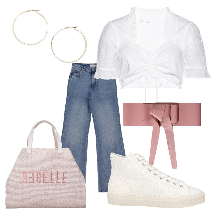 Outfit donna - Anni 90. Stile Casual chic per Tutti i giorni. Abbinamento con camicie, sneakers alte, cinture, orecchini, jeans, shopping bag.