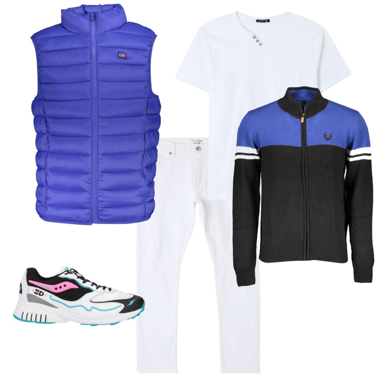 Outfit uomo - Week end. Stile Casual per Tutti i giorni. Abbinamento con sneakers, jeans strappati, t-shirt, giacche, cardigans.