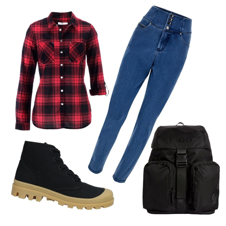 Outfit donna - Camicia e jeanss. Stile Basic per Scuola/Università. Abbinamento con camicie, stivaletti, zaini, jeans skinny.
