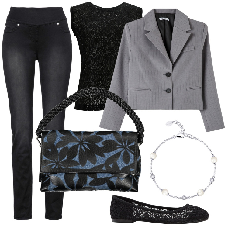 Outfit donna - Ballerina di sera. Stile Bon Ton per Serata fuori. Abbinamento con ballerine, jeans dritti, blazer, braccialetti, t-shirt, borse a spalla.
