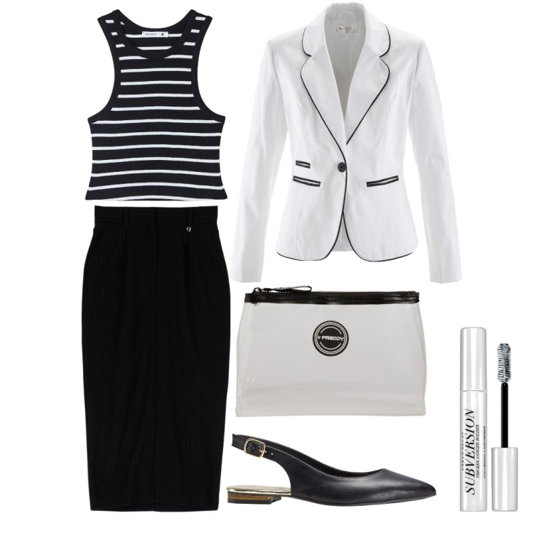 Outfit donna - Giulia: la figlia di Cris. Stile Chic per Ufficio. Abbinamento con ballerine, blazer, primer, canottiere, valigie, gonne longuette.