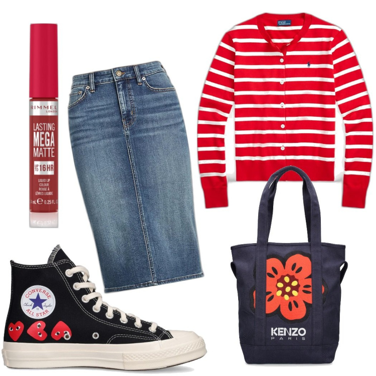 Outfit donna - Sneakers alte. Stile Casual chic per Scuola/Università. Abbinamento con rossetti, gonne, cardigans, sneakers, shopping bag.