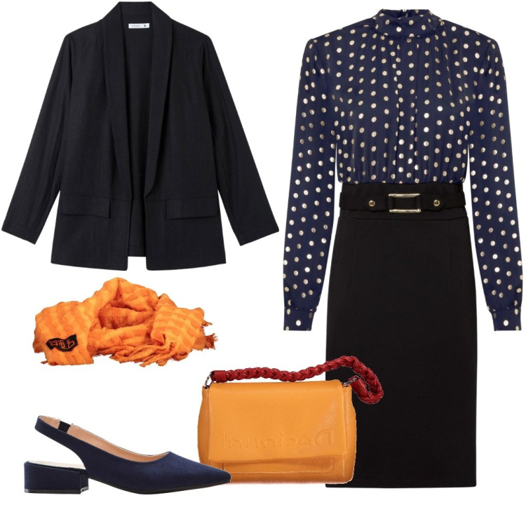 Outfit donna - Liliana: un po\' di colore. Stile Chic per Ufficio. Abbinamento con décolleté, vestiti corti, blazer, borse a spalla, sciarpe.