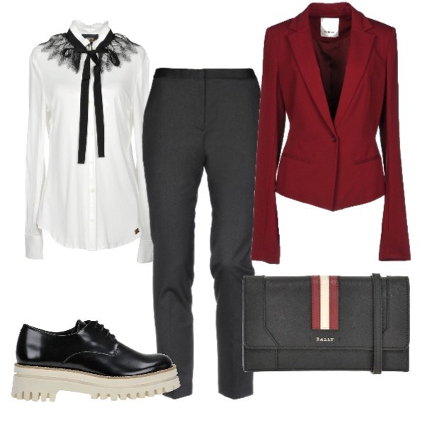 Outfit donna - Mannish. Stile Trendy per Tutti i giorni. Abbinamento con giacca collo con revers a maniche lunghe interno foderato jersey, pantalone a sigaretta con zip tinta unita, camicia con fiocco senza tasche contrasto plissè a maniche lunghe in viscosa jersey, pochette contrasto, scarpe mini con zeppe contrasto con lacci e punta tonda in pelle.