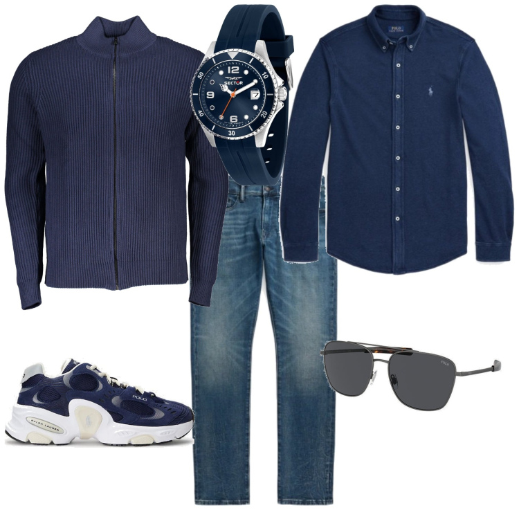 Outfit uomo - Casual week end. Stile Casual per Tutti i giorni. Abbinamento con orologi, camicie, jeans, sneakers, occhiali da sole, cardigans.