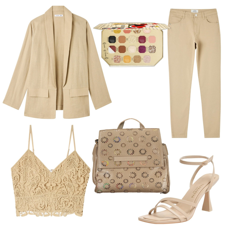 Outfit donna - Un tocco di pizzo. Stile Casual chic per Serata fuori. Abbinamento con ombretti, pantaloni, top, blazer, sandali col tacco, zaini.