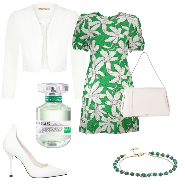 Outfit donna - Mattina in fiore. Stile Chic per Tutti i giorni. Abbinamento con borse a spalla, décolleté, braccialetti, profumi, blazer, vestiti corti.