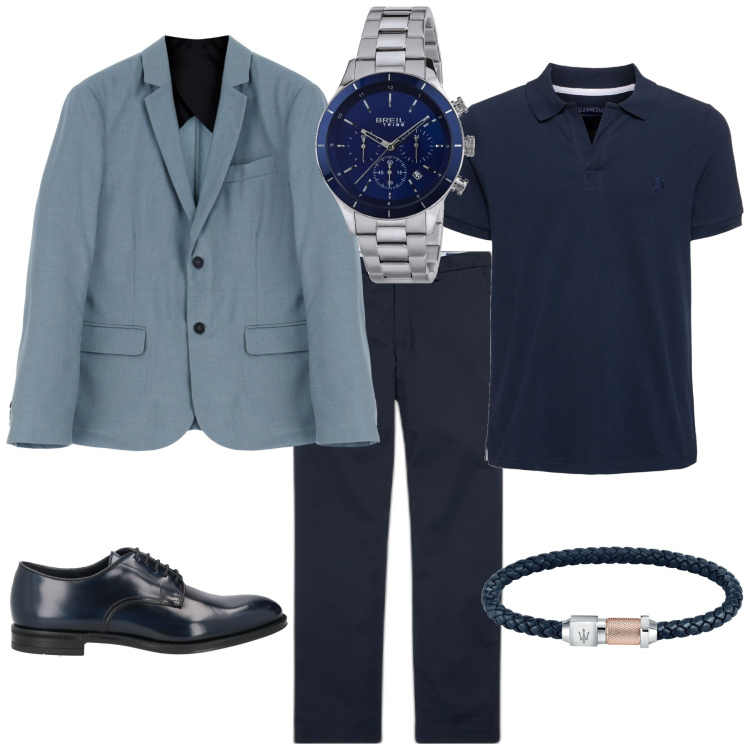 Outfit uomo - Trendy per ufficio. Stile Trendy per Ufficio. Abbinamento con braccialetti, orologi, scarpe stringate, giacche, pantaloni chino, polo.