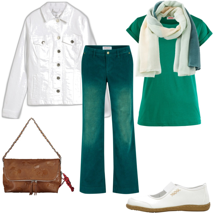 Outfit donna - Casual Friday. Stile Casual per Ufficio. Abbinamento con pantaloni, ballerine, maglieria, blazer, sciarpe, borse a spalla.