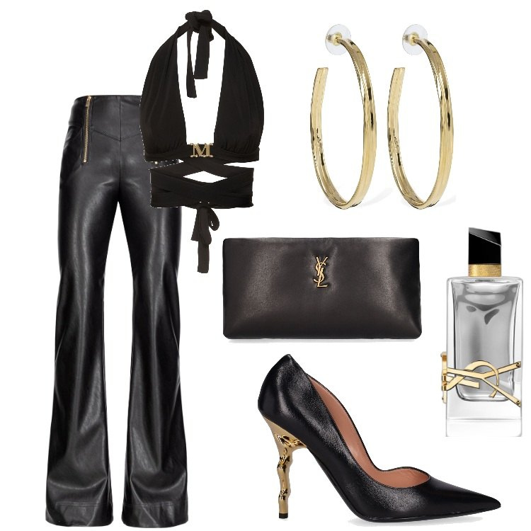 Outfit donna - elegant night. Stile Sexy per Serata fuori. Abbinamento con profumi, pantaloni, top, orecchini, pochette, décolleté.