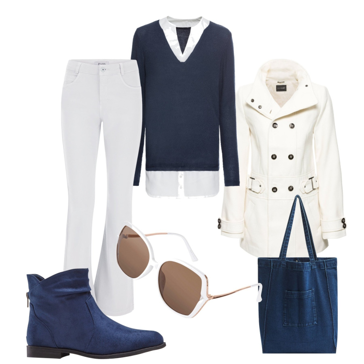 Outfit donna - La giacca stile trench. Stile Urban per Tutti i giorni. Abbinamento con stivaletti, blazer, occhiali da sole, maglieria, shopping bag, jeans a zampa.