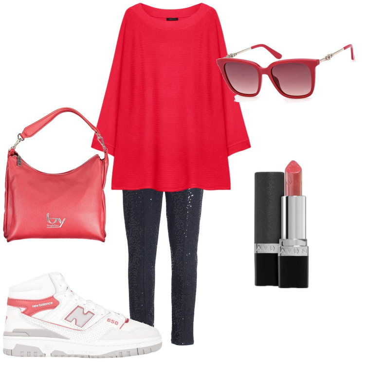 Outfit donna - Sport in estremo rosso. Stile Sporty chic per Sport. Abbinamento con sneakers alte, rossetti, pantaloni, borse a spalla, maglieria, occhiali da sole.