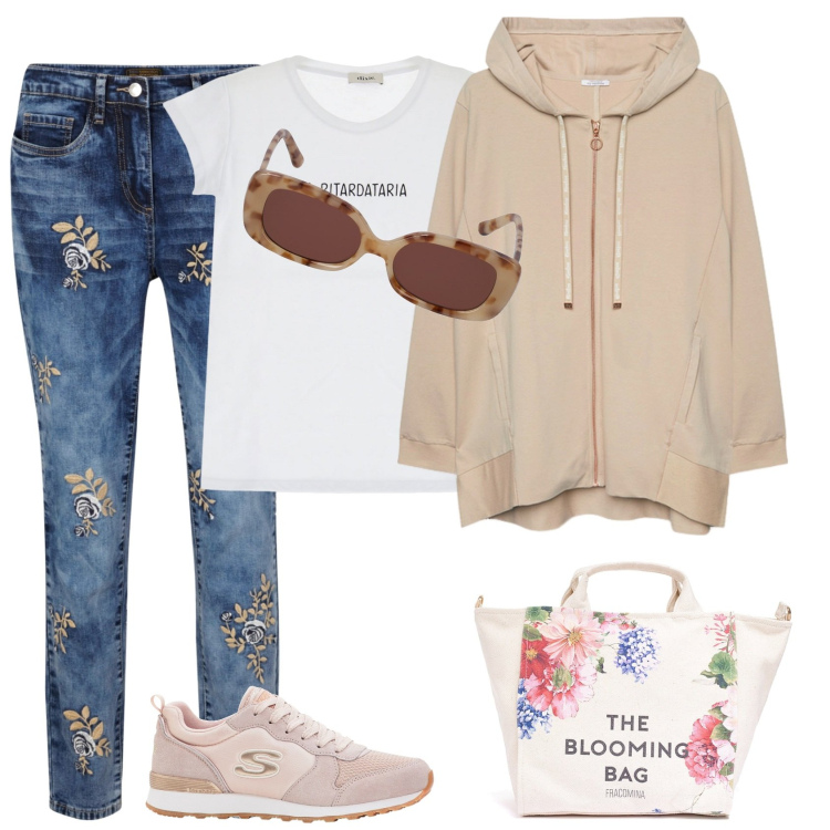 Outfit donna - Jeans e felpa. Stile Casual per Tutti i giorni. Abbinamento con jeans, sneakers, borse tote, t-shirt, felpe con cappuccio, occhiali da sole.