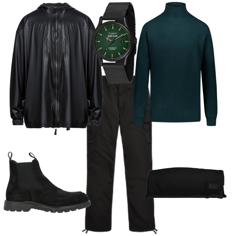 Outfit uomo - Serata fuori in montagna. Stile Casual per Serata speciale. Abbinamento con giacche, stivali e stivaletti, orologi, pantaloni cargo, maglieria, sciarpe.