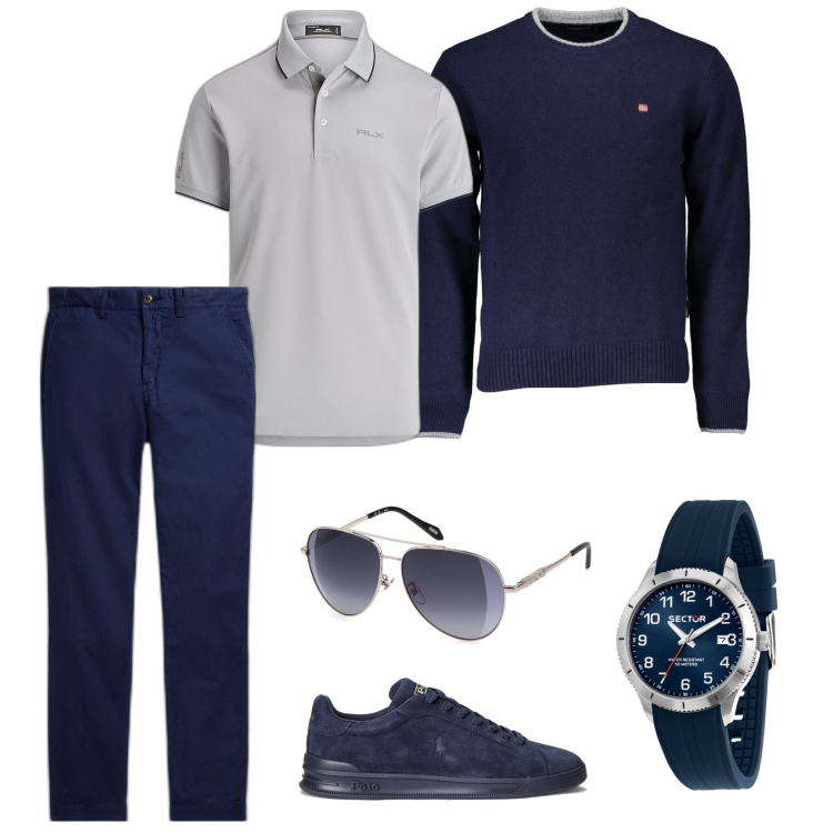 Outfit uomo - Polo sì, bianco no. Stile Casual per Tutti i giorni. Abbinamento con orologi, sneakers, pantaloni, polo, maglieria, occhiali da sole.