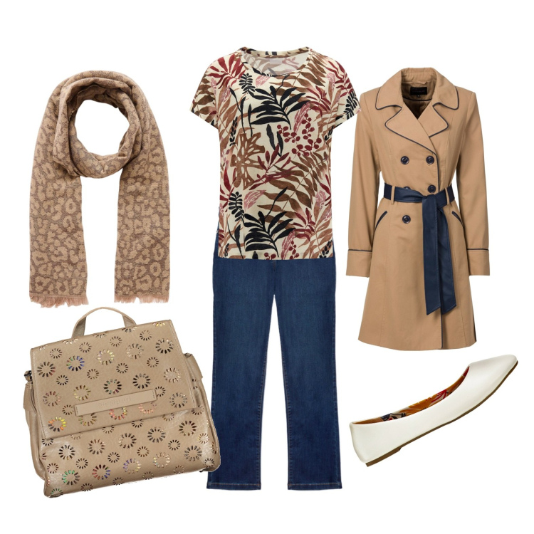 Outfit donna - Primavera style. Stile Casual chic per Tutti i giorni. Abbinamento con trench, ballerine, sciarpe, t-shirt, zaini, jeans dritti.