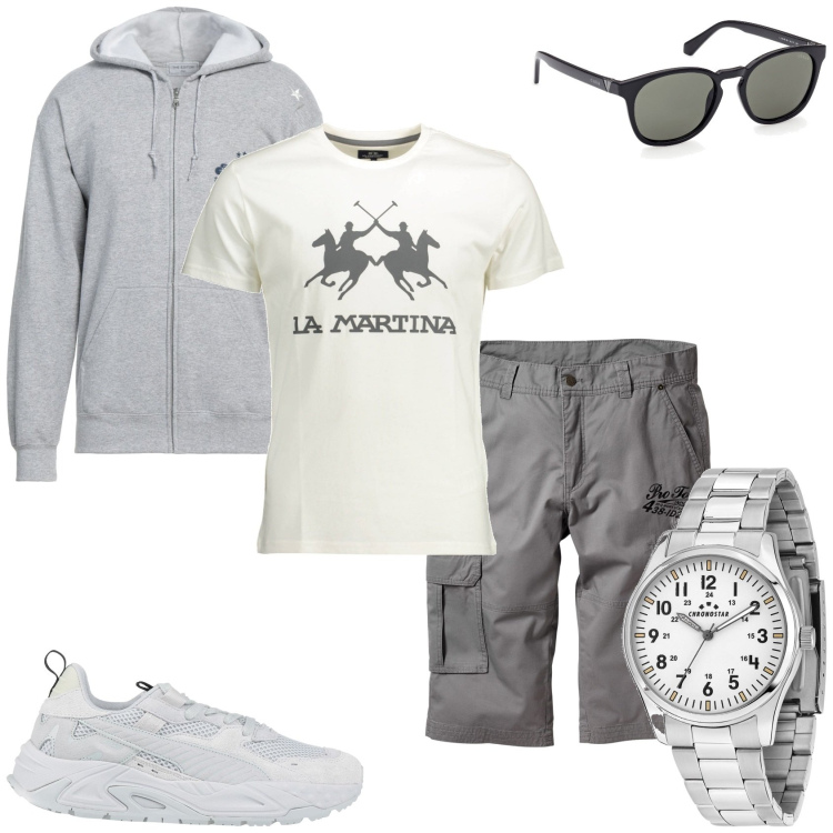 Outfit uomo - Il pomeriggio in città. Stile Casual per Tutti i giorni. Abbinamento con bermuda, orologi, sneakers, felpe con cappuccio, occhiali da sole, t-shirt.