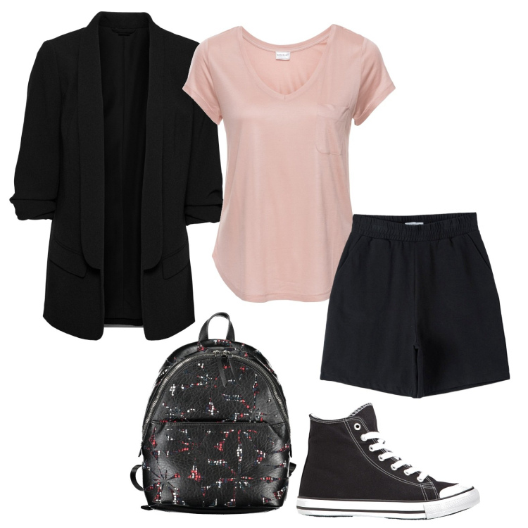 Outfit donna - Pink&Black. Stile Casual chic per Tutti i giorni. Abbinamento con blazer, sneakers alte, maglieria, bermuda, zaini.