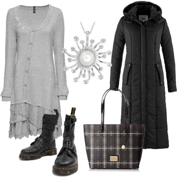 Outfit donna - Urban #7995. Stile Urban per Scuola/Università. look ideale per Tall. Abbinamento con blazer, vestito con pizzo jersey grigio, stivaletti con stringhe e cinturino con punta tonda nero, shopping bag, collana argento.